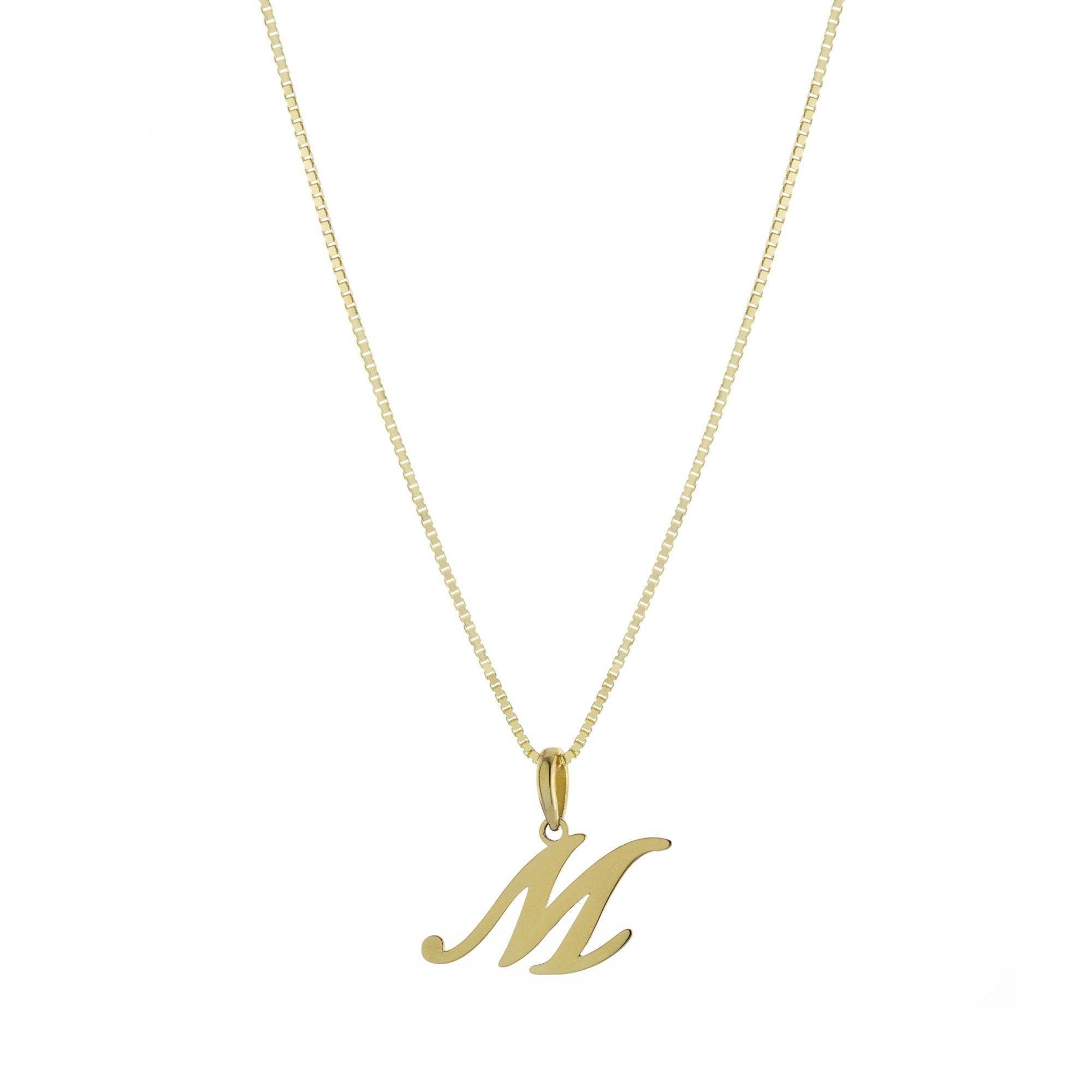 Collar Inicial M en Cursiva – Baño de Oro 14K - joyería AMANZA