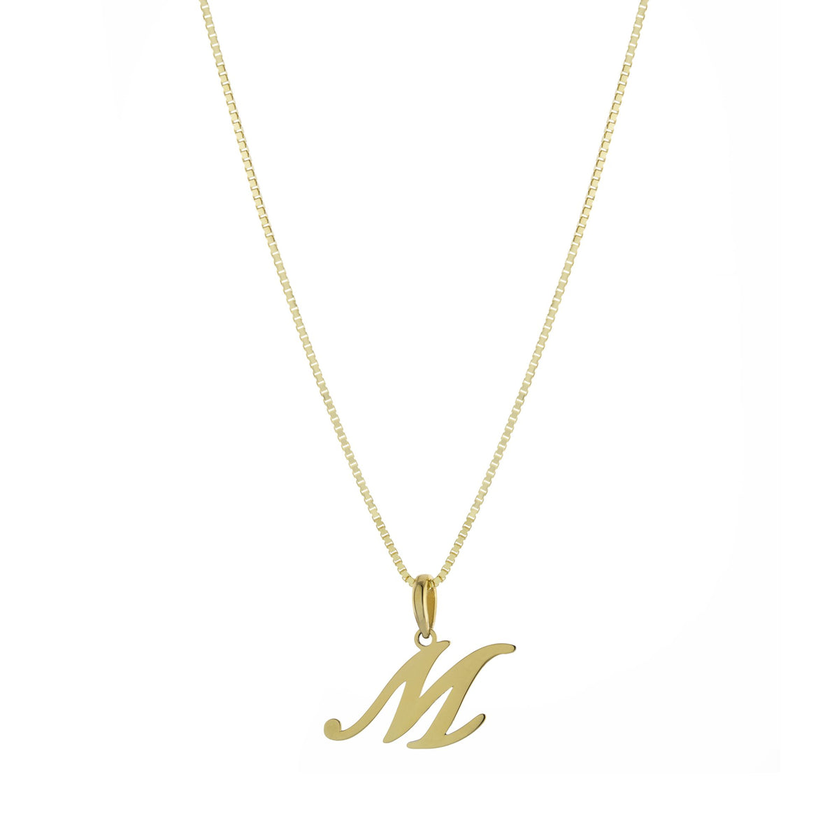 Collar Inicial M en Cursiva – Baño de Oro 14K - joyería AMANZA
